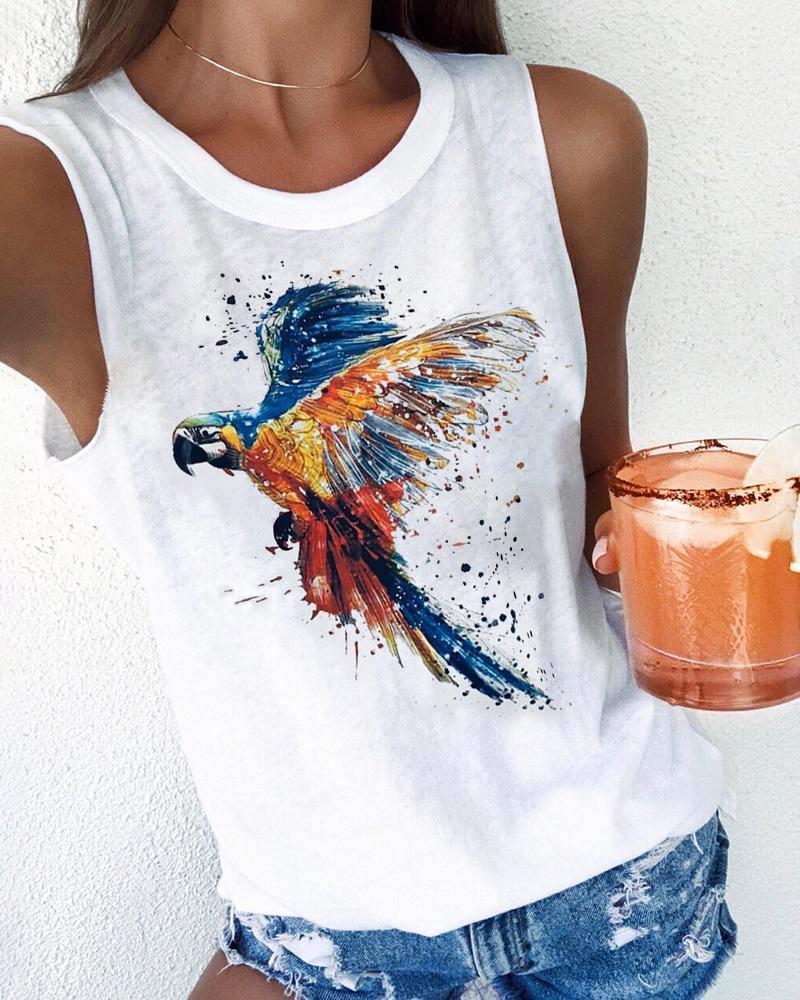 

Bird Print Casual Tank Top, White