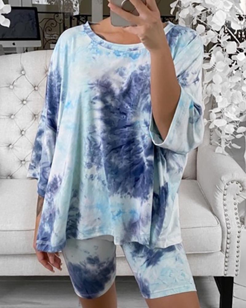 

Tie Dye Print Short Sleeve Top & Shorts Set, Blue
