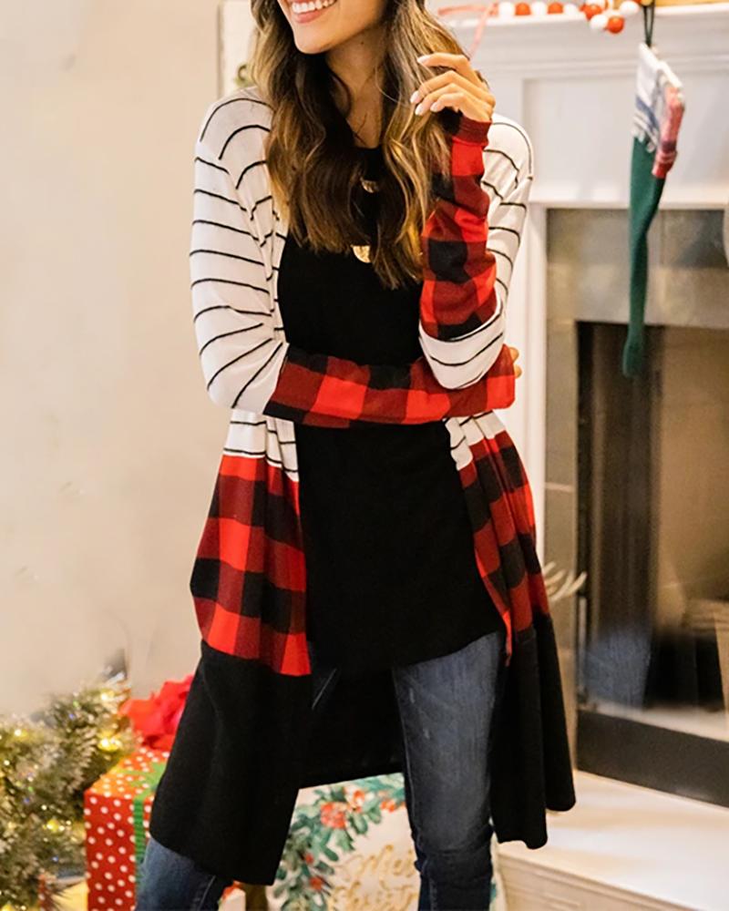 

Christmas Pocket Design Striped Plaid Cardigan, Red