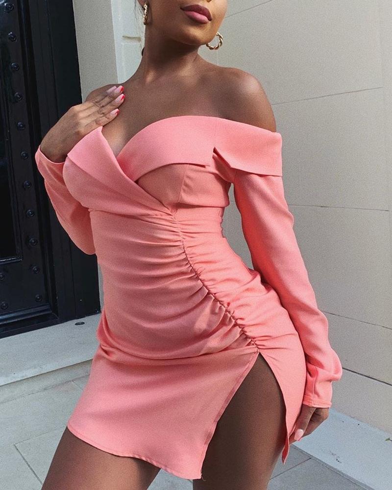 

Off Shoulder Ruched Design Slit Bodycon Dress, Pink