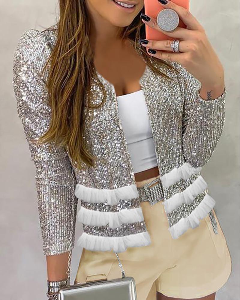 

Mesh Ruffled Hem Sequins Coat, Silver