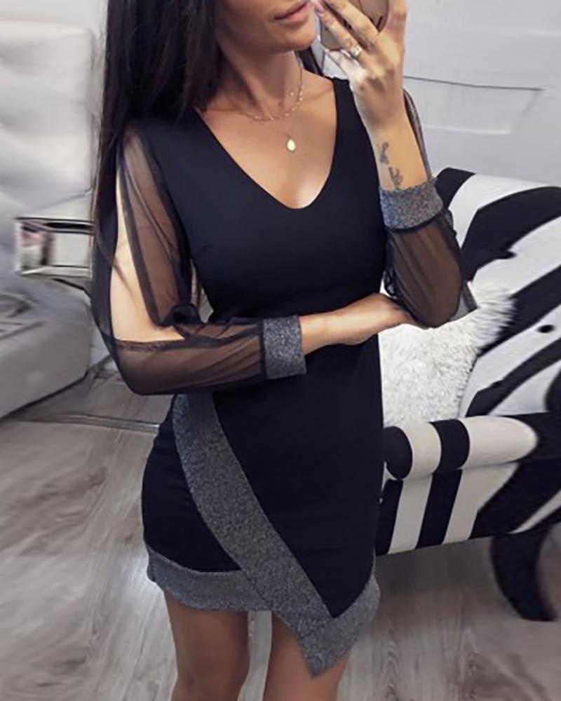 

Slit Mesh Sleeve Glitter Detail Bodycon Dress, Black