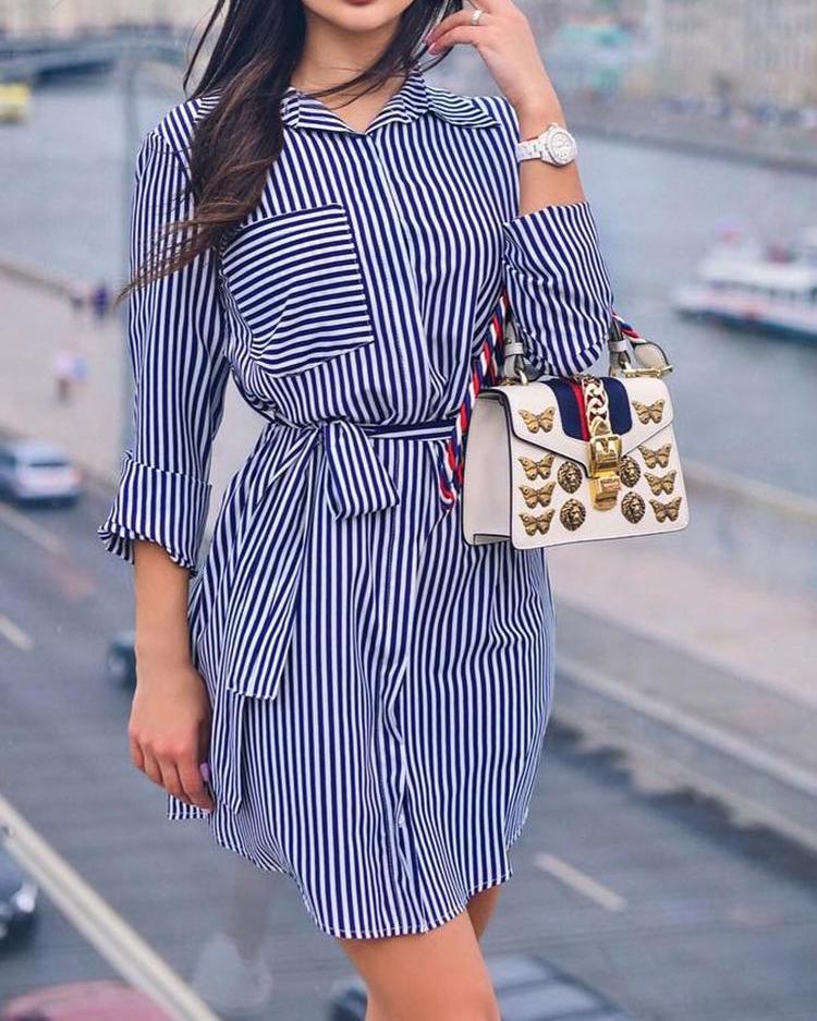 

Stripes Long Sleeve Self Belted Shirt Dress, Blue