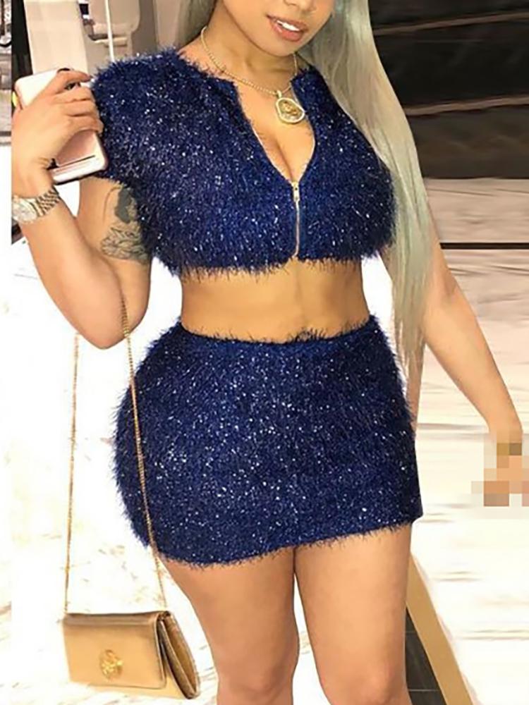

Fluffy Short Sleeve Zipper Crop Top & Skirt Sets, Blue