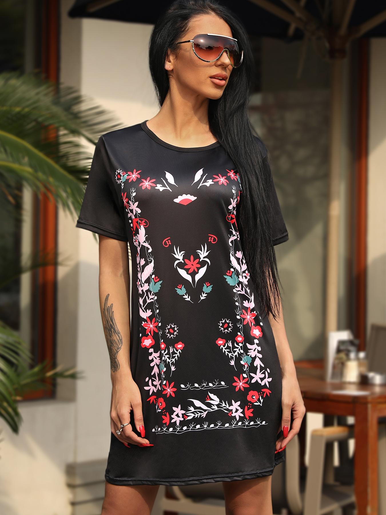 

Fashion Floral Print Casual Tunic Dress