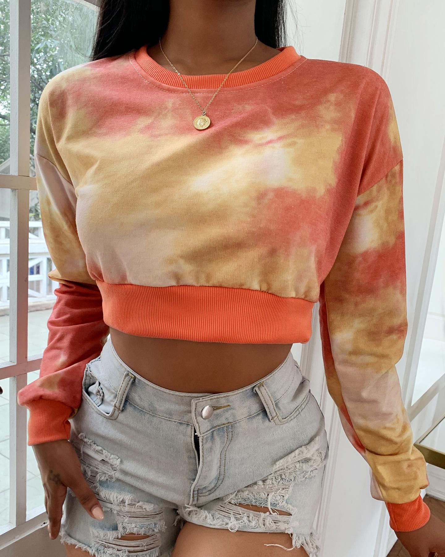 

Long Sleeve Tie Dye Print Casual Crop Top, Orange