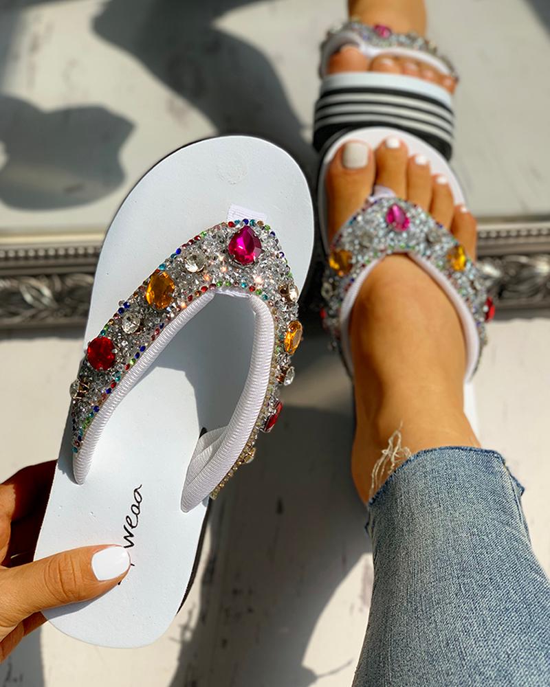 

Diamante Trim Design Casual Platform Sandals, White