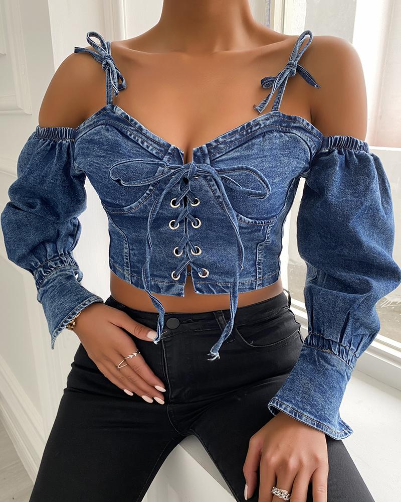 

Denim Zipper Design Off Shoulder Top, Dark blue