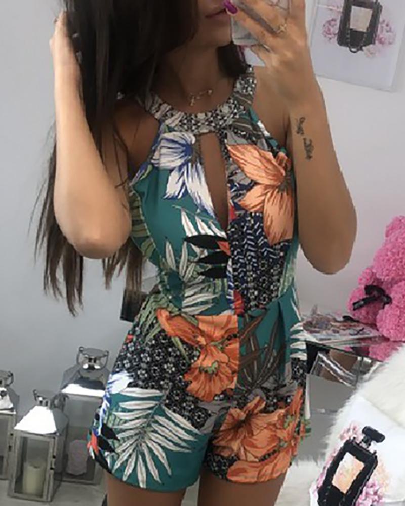 

Tropical Print Sleeveless Cutout Romper, Green