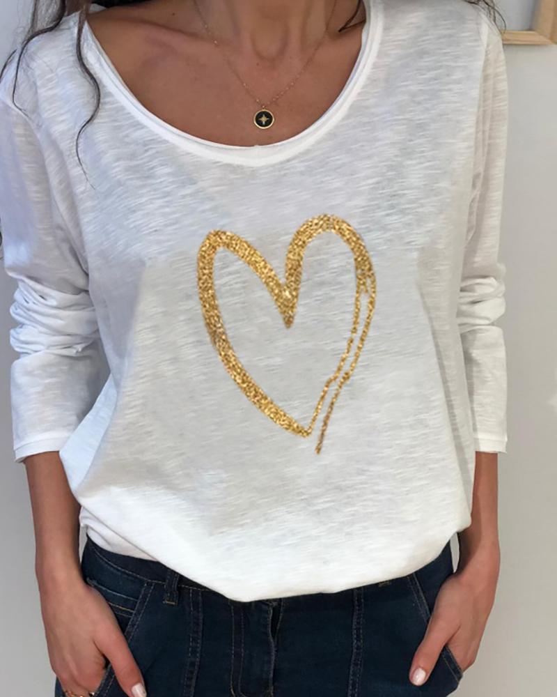 

Heart Print Long Sleeve T-shirt, White