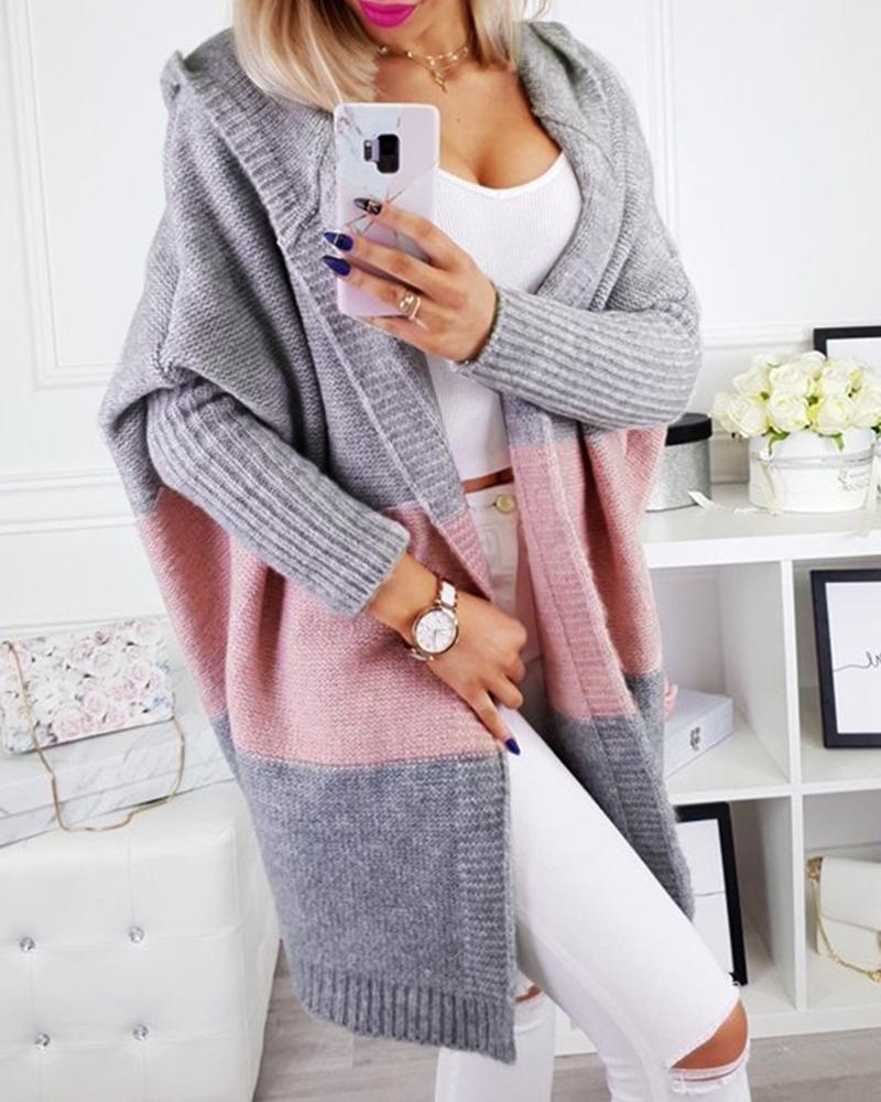 

Hooded Colorblock Insert Open Front Knitting Cardigan, Pink