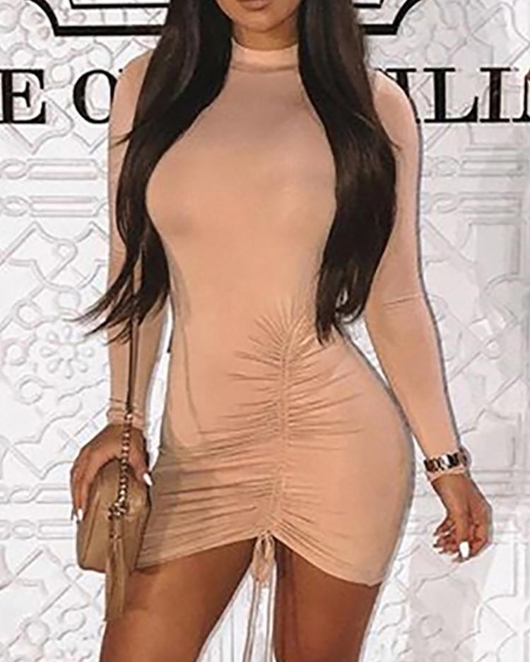 

Mock Neck Scrunched Long Sleeve Dress, Apricot