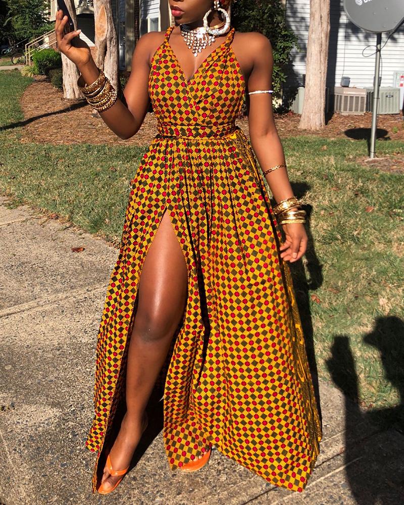 

Colorful Grid Spaghetti Strap High Slit Maxi Dress, Yellow