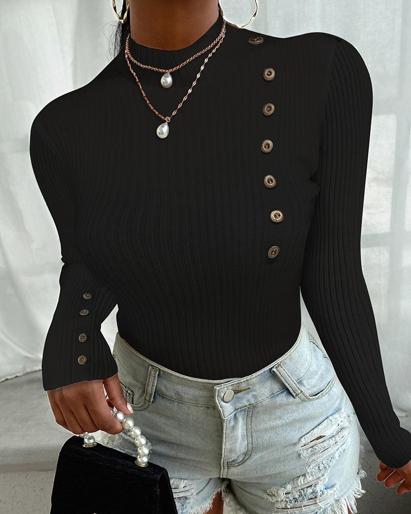 

Button Design High Neck Long Sleeve Sweater, Black