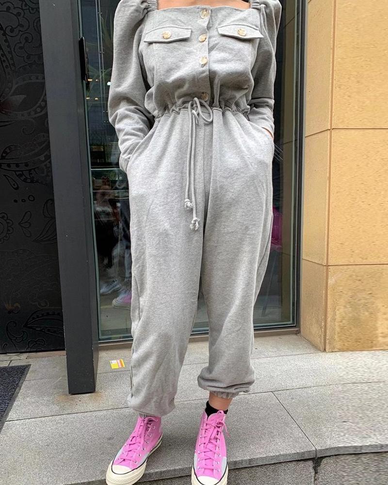 

Buttoned Pocket Design Drawstring Jumpsuit, Gray