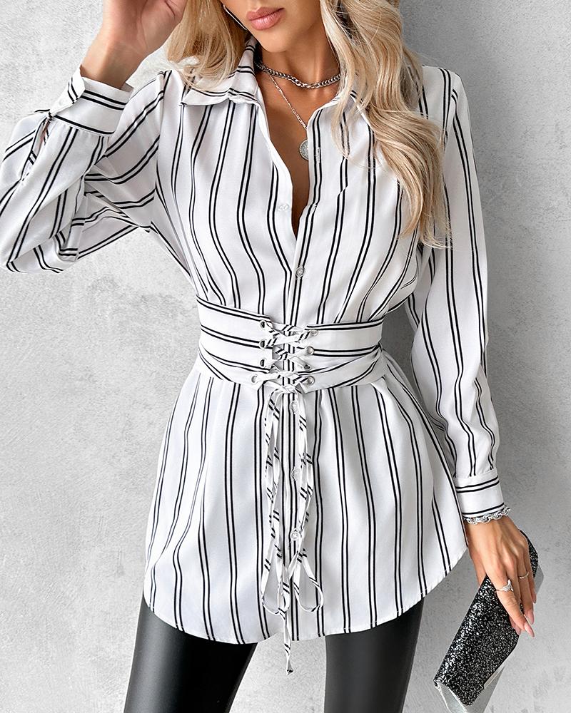 

Striped Lace-Up Front Shirt Dress