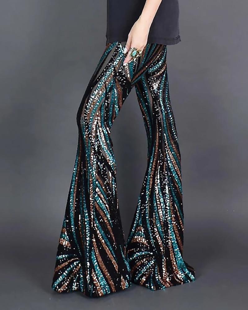 

Glitter High Waist Bell-bottomed Colorblock Sequins Pants, Multicolor