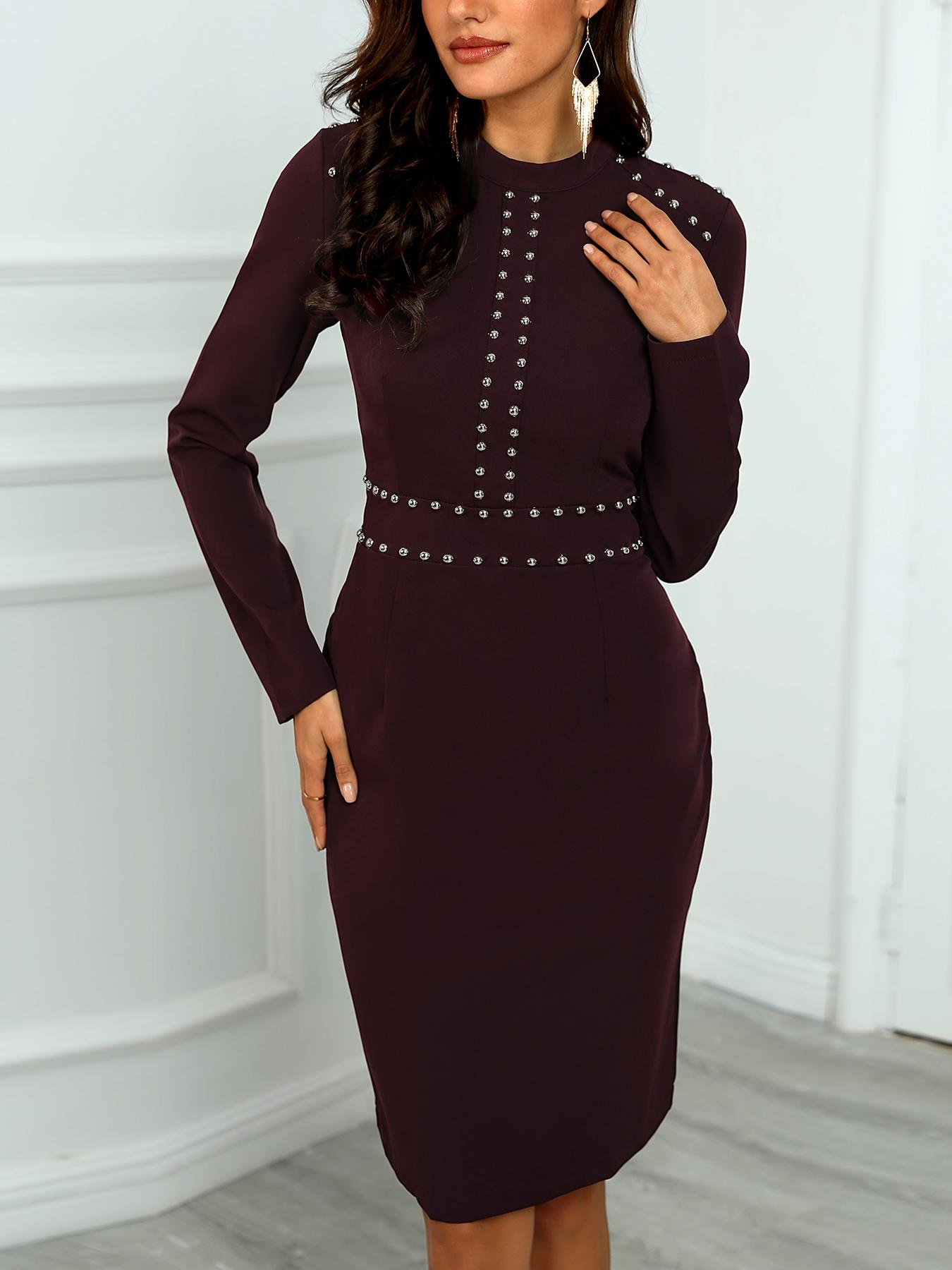 

Studded Detail Long Sleeve Dress, Wine red