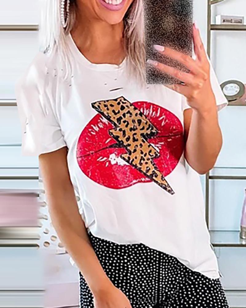 

Lip Leopard Print Hollow Out Casual T-shirt, White