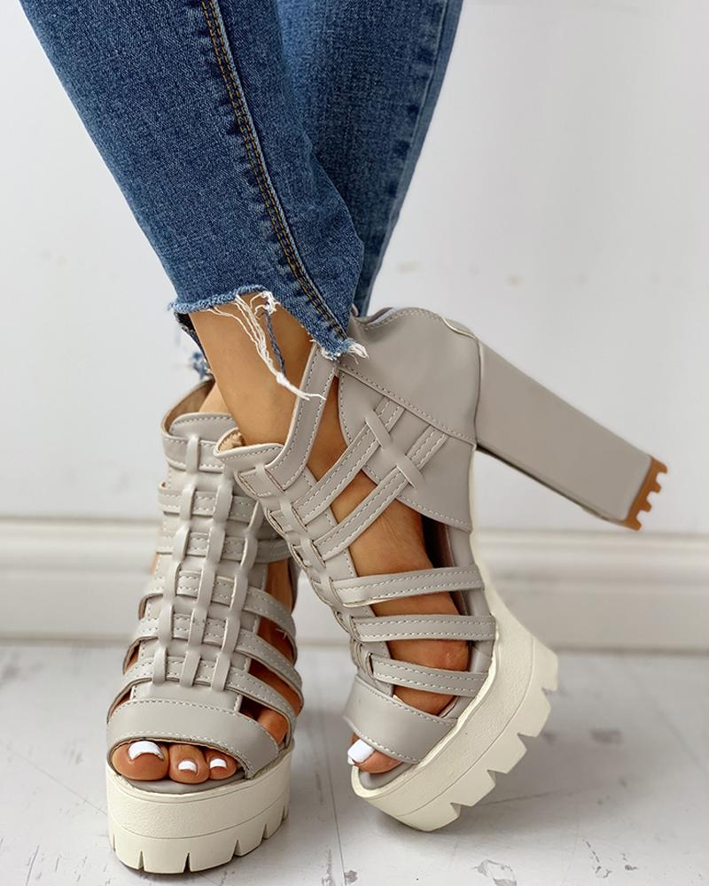 

Hollow Out Platform Chunky Heeled Sandals, Gray