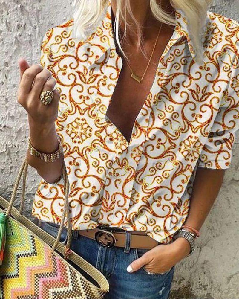 

Floral Print Button Down Blouse, Gold