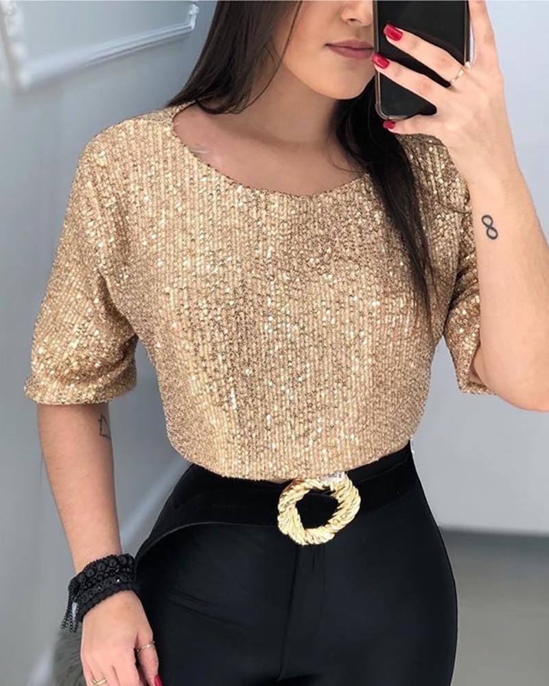 

Glitter Round Neck Sequins Crop Blouse, Gold
