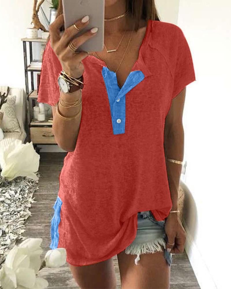 

Half Button Contrast T-Shirt, Orange