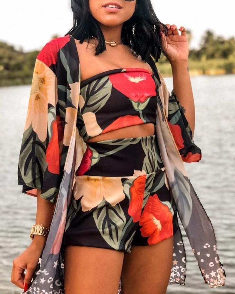 

Floral Print Bandeau Top & High Waist Shorts &Cover up, Black