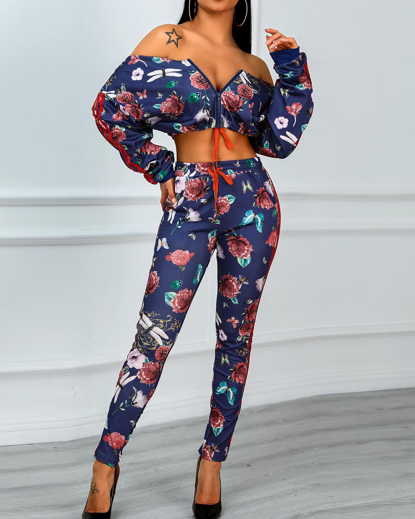 

Floral Print Stripes Tape Side Crop Top & Pants Set, Blue