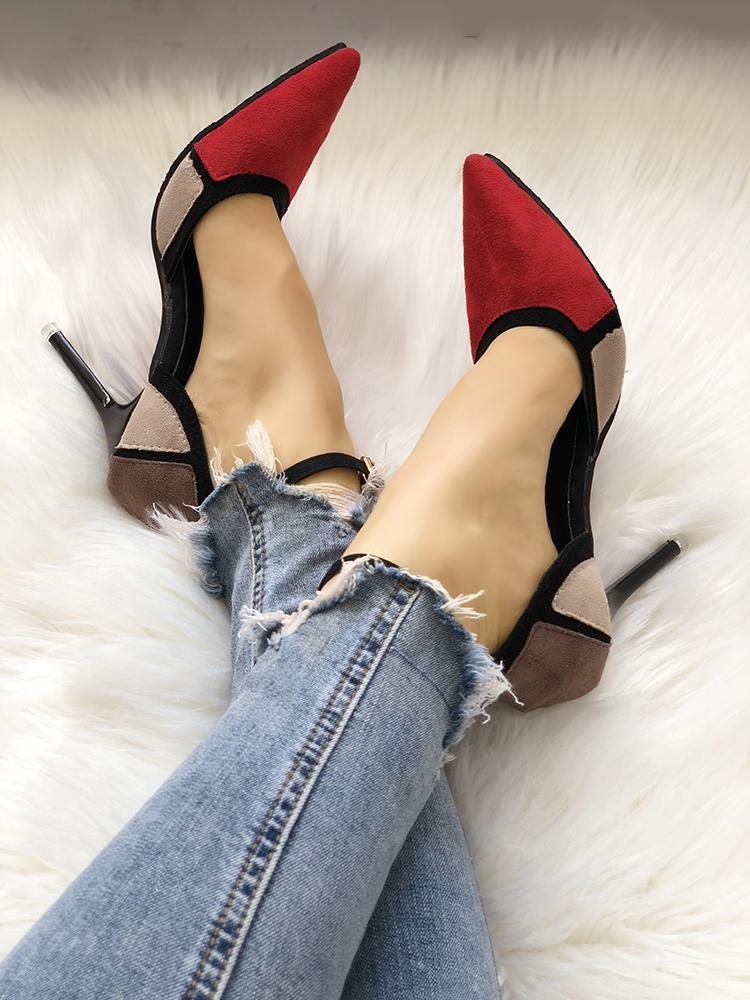 

Colorblock Suede Pointed Toe Buckled Thin Heels, Red