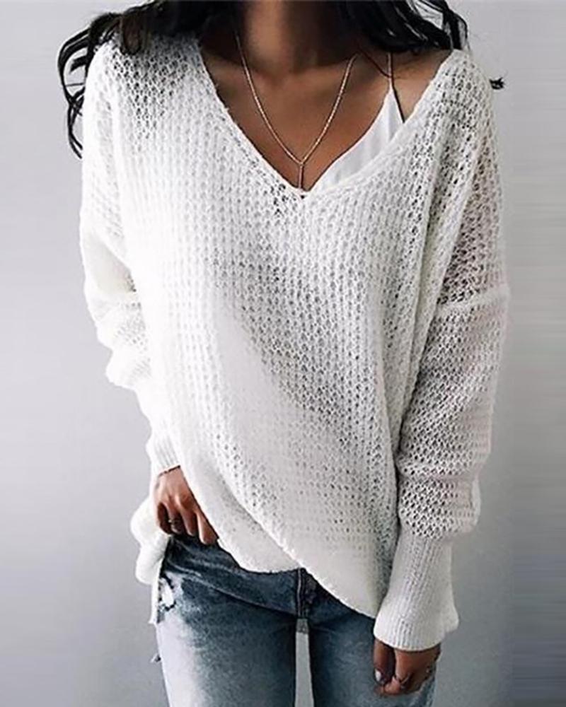 

Solid Long Sleeve Casual Sweater, White