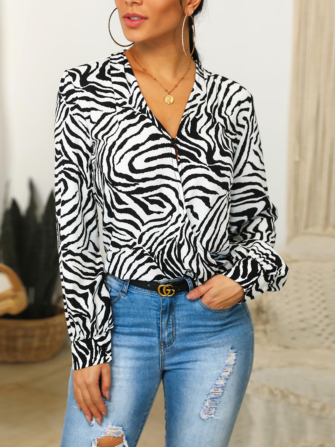 

Allover Zebra Print Lantern Sleeve Blouse, Black