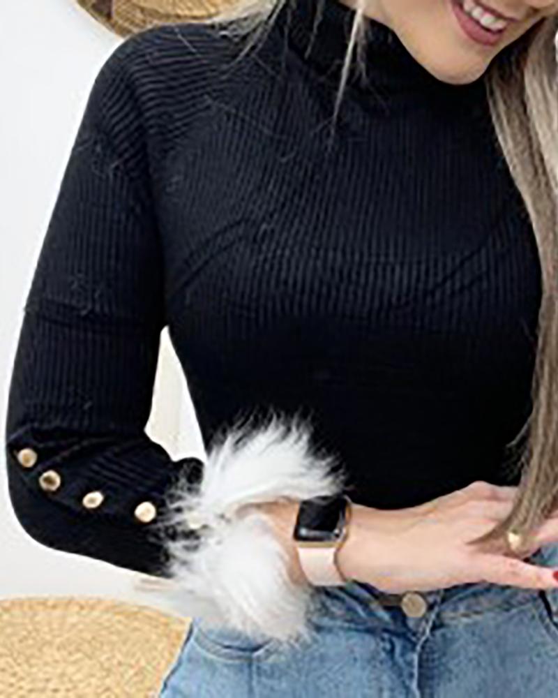 

Mock Neck Ribbed Popper Cuff Fluffy Fur Insert Blouse, Black