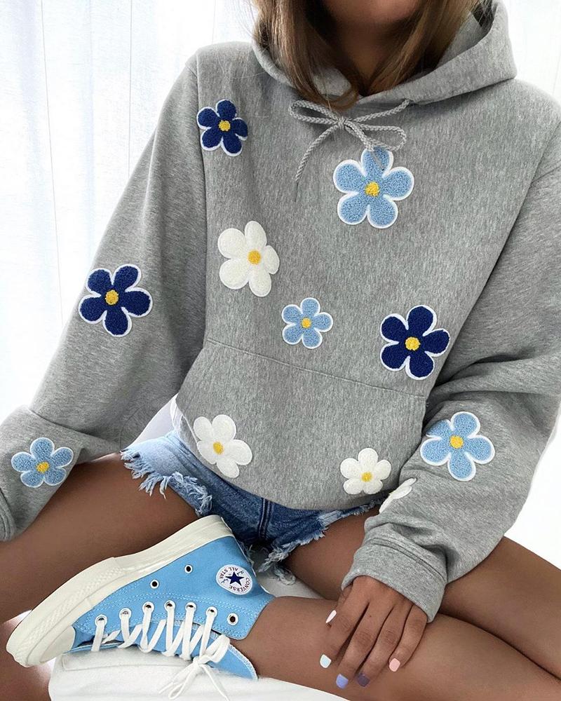 

Floral Pattern Pocket Design Long Sleeve Casual Hoodie, Gray
