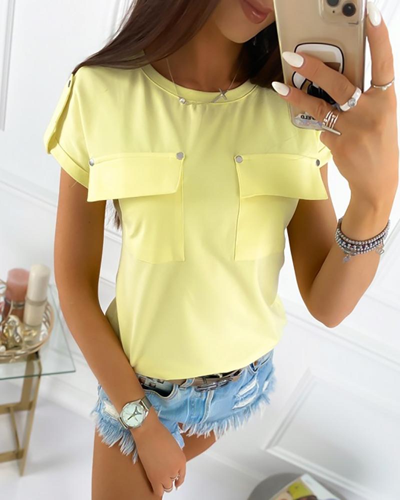 

Solid Round Neck Pockets T-shirt, Yellow