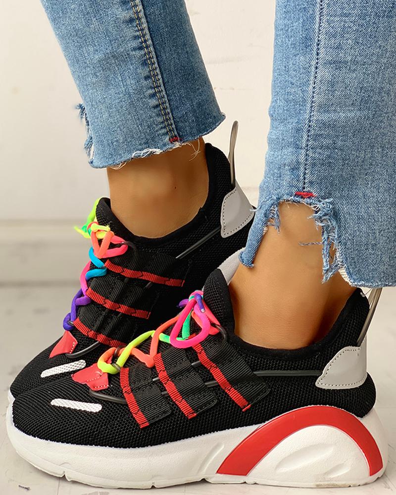 

Colorblock Lace-Up Casual Sneakers, Black&red