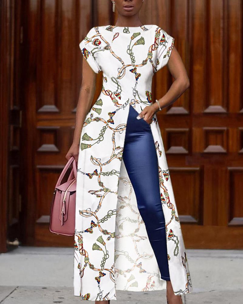 

Chain Print Short Sleeve Slit Irregular Blouse, Multicolor