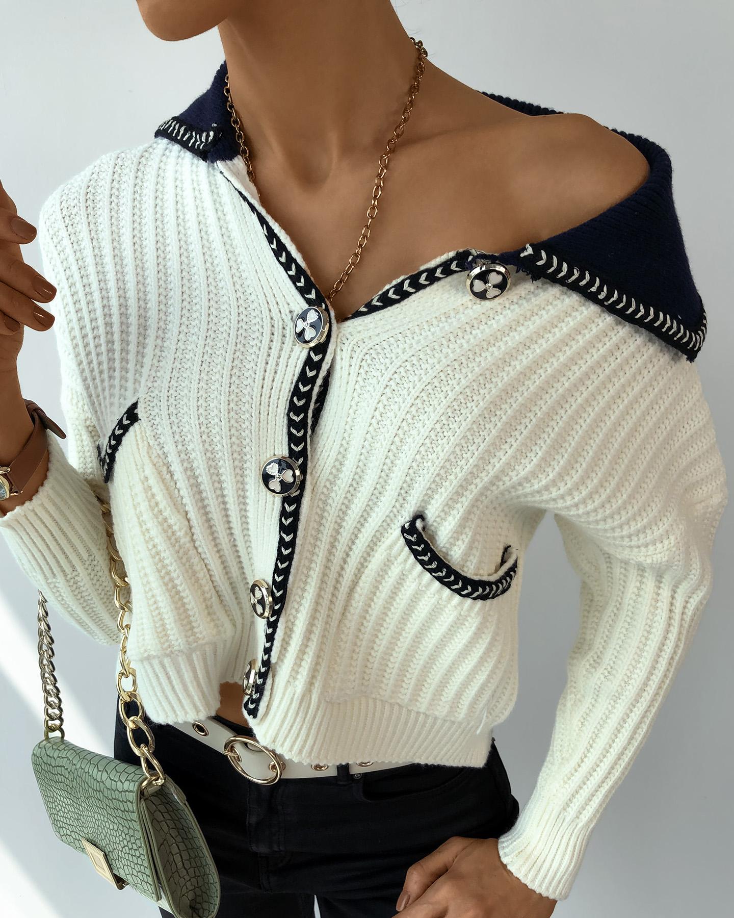 

Colorblock Buttoned Tweed Knit Sweater, White