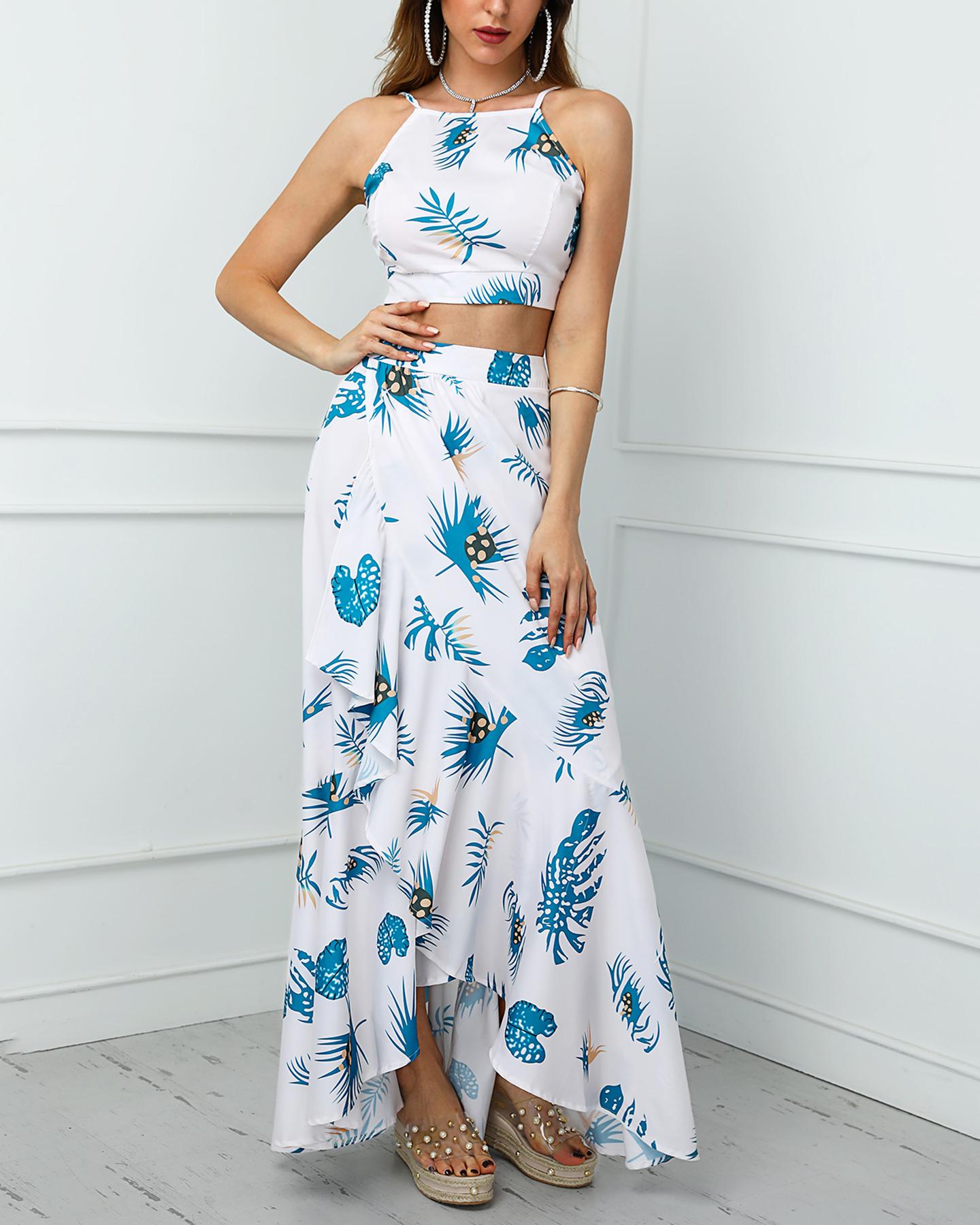 

Tropical Print Cami Top & Ruffles Skirt Sets, Beige