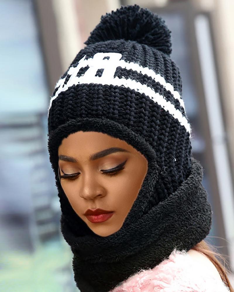 

Pom Pom Colorblock Knit Warm Beanie, Black