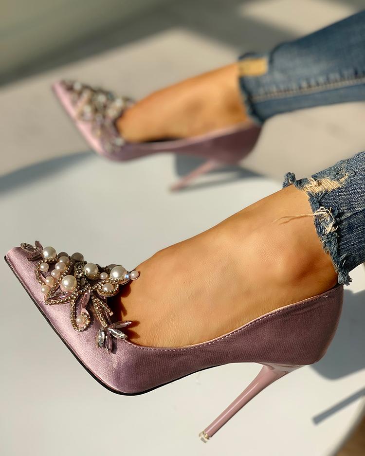 

Faux Pearl Pointed Toe Stiletto Heels, Purple
