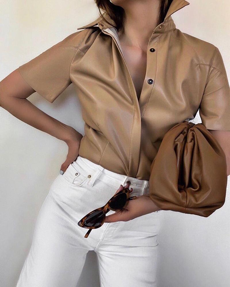 

Short Sleeve Coated PU Blouse