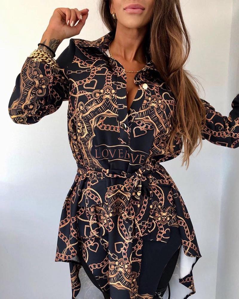 

Print Buttoned Asymmetrical Casual Blouse, Black
