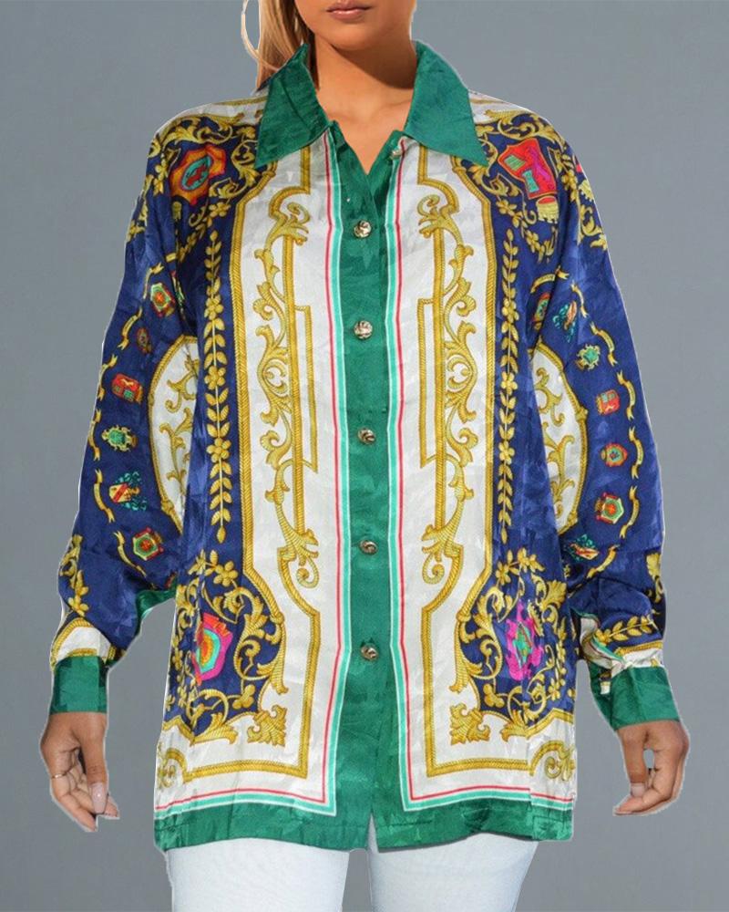 

Long Sleeve Scarf Print Shirt Dress, Dark blue