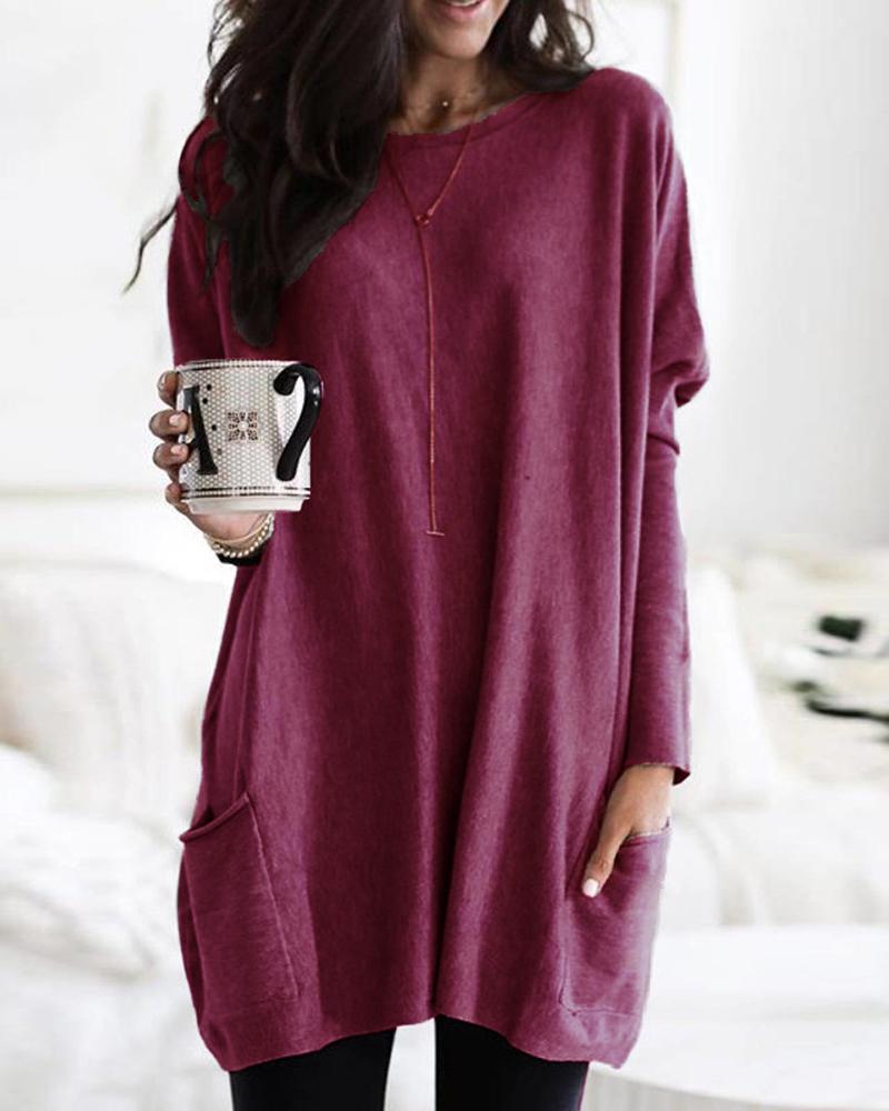 

Solid Long Sleeve Longline Pocket Blouse, Wine red