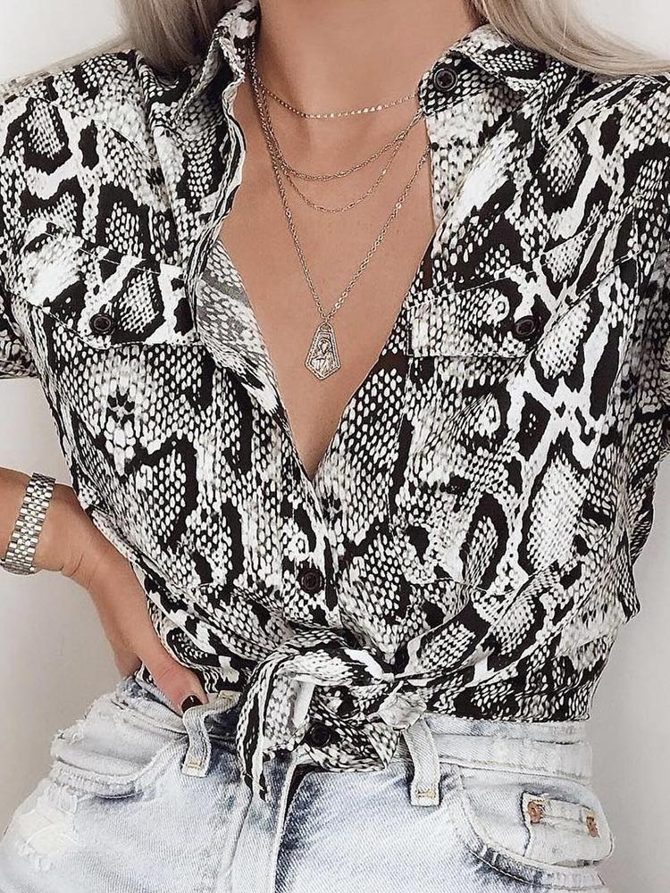 

Snakeskin Print Long Sleeve Knot Blouse, Black