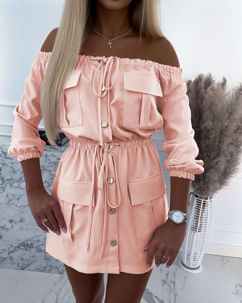 

Solid Color Lace-up Shirt Dress, Pink