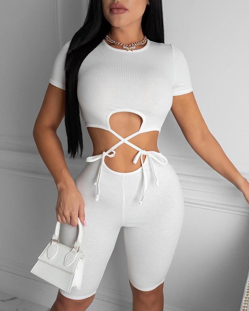 

Cutout Waist Crisscross Tied Detail Romper, White