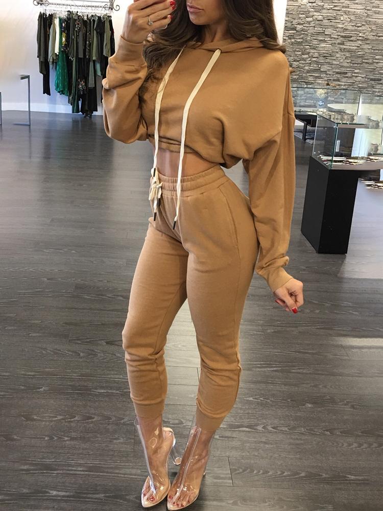 

Long Sleeve Crop Hoodies & Drawstring Pants Sets, Khaki