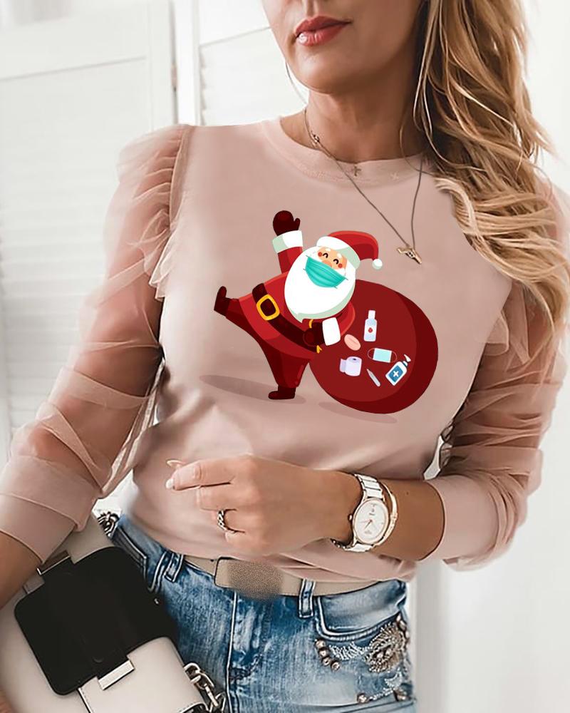 

Christmas Santa With Mask Sheer Mesh Puffed Sleeve Top, Pink